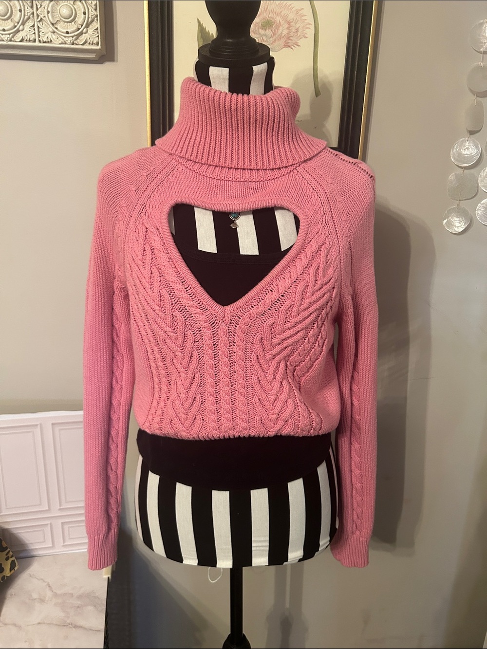 Pink Turtleneck Heart-Cutout Cable Knit Sweater -